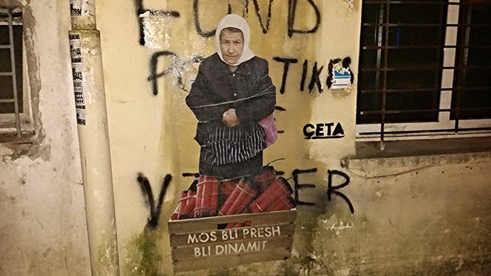Çeta, “Don’t Buy Leeks, Buy Dynamite” (Grandma Zylja Strikes Again),” 2016. Sticker. Tirana, Albania. Image courtesy of the artists. 
