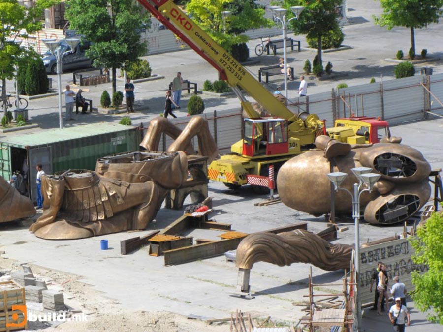 Parts of the Warrior on a Horse monument. Photo taken at the time of assembling of the monument in July 2011. the Image Courtesy of Build.mk