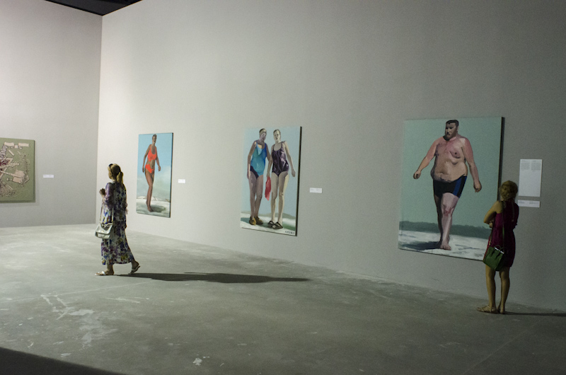 Over 20 Ukrainian artists, like Lesya Khomenko (<em>Polar Bear Swimmers</em>, 2007, acrylic on canvas, series, 200 x 150 cm each) and Mykola Matsenko (painting at left) were among the more than 100 whose works were presented in the Main Project. Image courtesy of the author. 