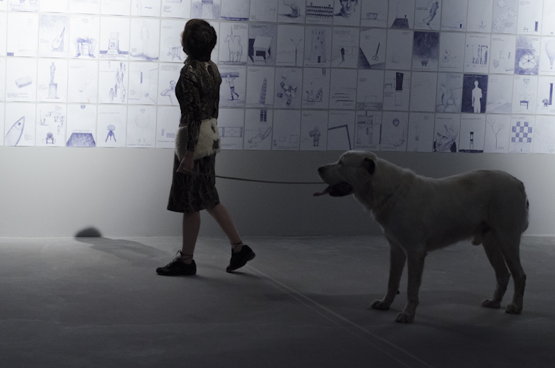 Alevtina Kakhidze strolls past Gamlet Zinkovskyi's installation <em>Alone with yourself</em>, 2012, with her dog Duchamp in the performance <em>A WALK with Duchamp or The Rendezvous</em>, 2012. Image courtesy of the author. 