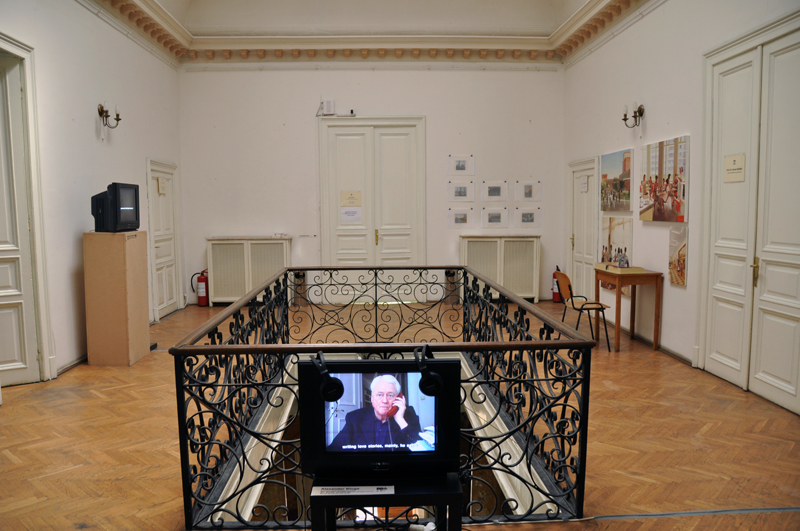 From left to right installation of: Fereshteh Toosi, ‘The Only Reason,’ 2006, print; Nicoline van Harskamp, ‘Alexandru Dima and Nicoline van Harskamp on Expressive Power in Contemporary Cultural Production,’ 2010, a scripted discussion transferred to video; Alexander Kluge, ‘News from ideological antiquity: Marx - Eisenstein - Das Kapital,’ 2008, film; ?tefan Constantinescu, ‘Infinite Blue,’ 2009, 7 paintings, oil on canvas, 7 Revisions, 2010, photographs and text, ‘The Golden Age for Children,’ 2008, pop-up book. Image courtesy of Bucharest Biennale 4.