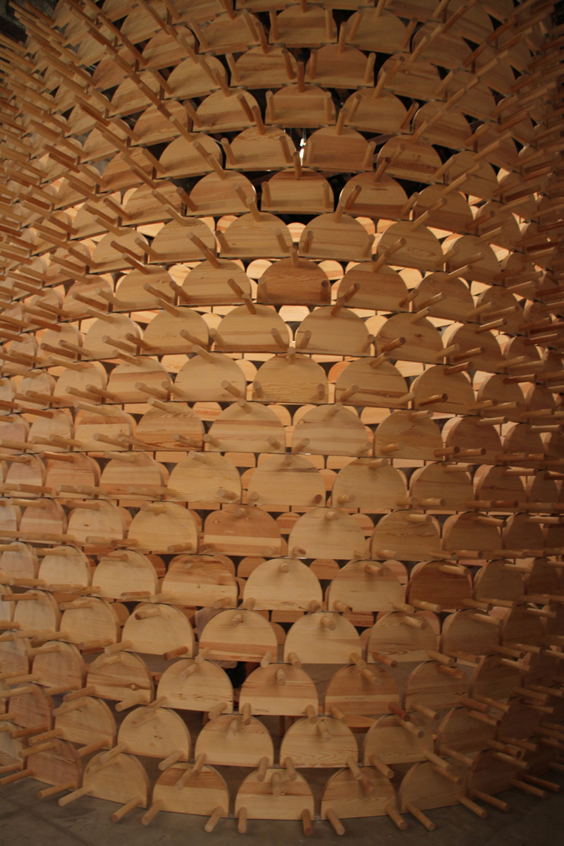 Pavilion of the Republic of Kosovo, “Shkambi Tower,” wood installation, 5 m x 5.5 m. Photo by the author.