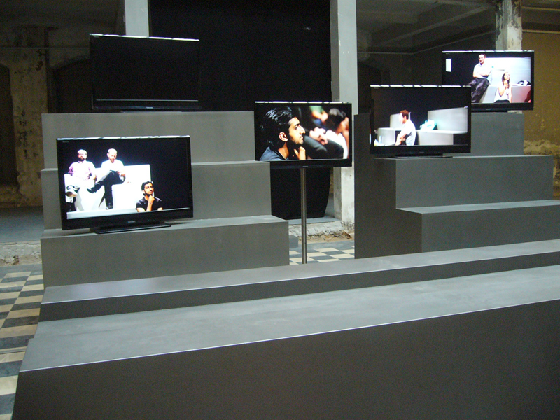 'Backbench', 2010. Installation with footage of a workshop with four collectives and two curators. Image courtesy of the author.