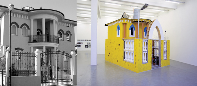 Marjetica Potr?, “Prishtina House,” 2007. Source photograph (left). Photo by Fred Dott. Image courtesy of Marjetica Potr?. Artist’s work (right). “This Place is my Place - Begehrte Orte,” Kunstverein, Hamburg, Germany. Private Collection. Image courtesy of the artist and Galerie Nordenhake, Berlin/Stockholm. DESCRIPTION: Prishtina House is a case study of a house in the Peyton Place neighborhood of Prishtina. After the collapse of modernism, the citizens of Prishtina began building their houses in a wide range of styles, each expressing the taste of the owner. In Prishtina, the citizens have become the smallest state.