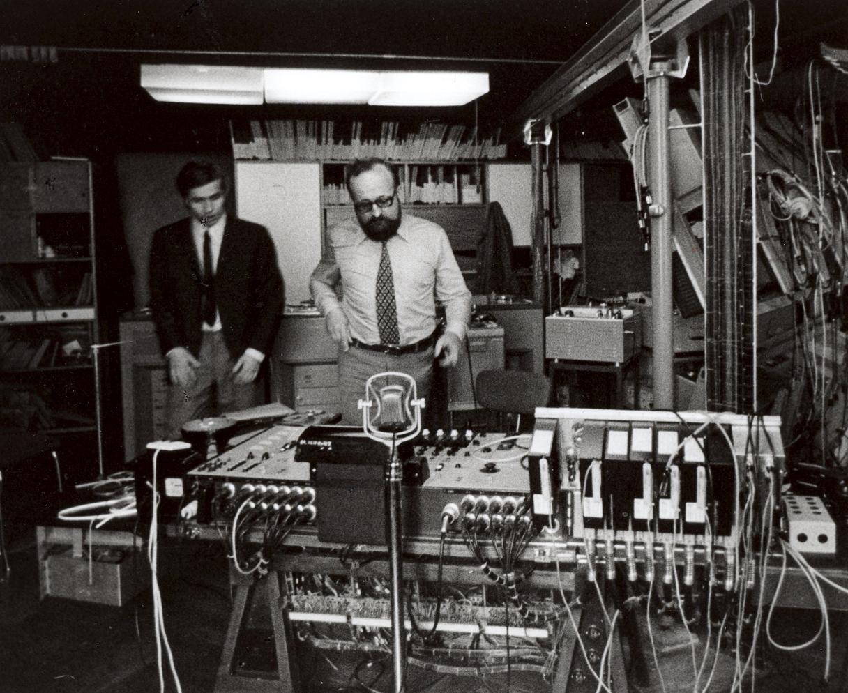 Krzysztof Penderecki and Eugeniusz Rudnik in the Experimental Studio of Polish Radio, early 1960s. Photo by and courtesy of  A. Zborski. 