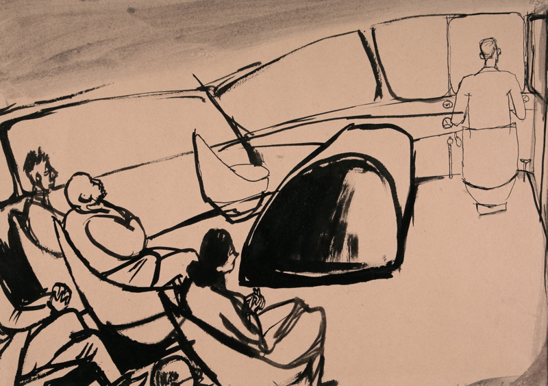 Andrzej Wróblewski, 'Chauffeur and Passengers [Szofer i pasa?erowie]'. Ink on paper, 29.6 x 42 cm, 1957. Private collection.