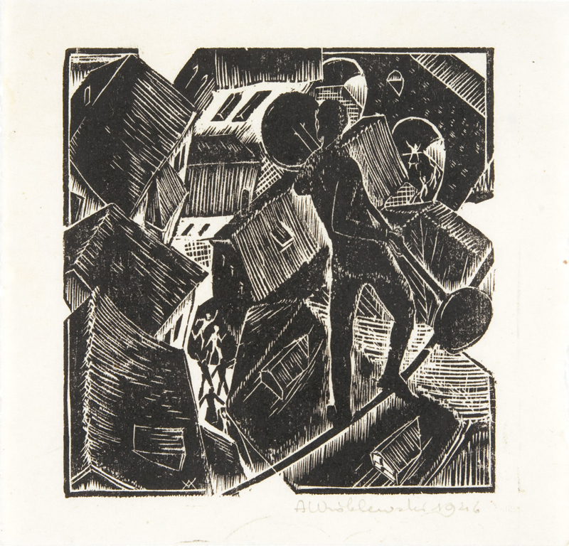 Andrzej Wróblewski, 'Juggler [?ongler]'. Woodcut, 14.6 x 15.2 cm, 1946. Private collection.