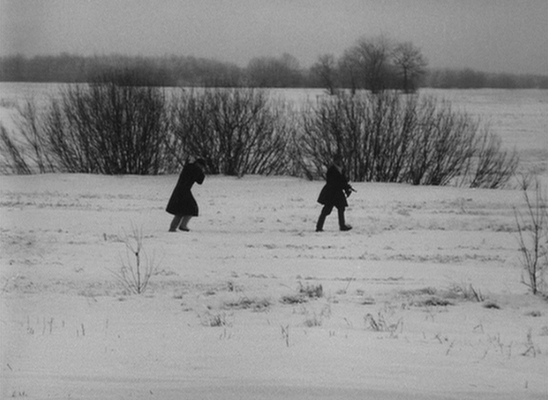 On a winter's day, two soldiers... Rybak (Vladimir Gostyukhin) and Sotnikov (Boris Plotnikov). Still from Shepitko's 'Ascent'. Image courtesy of the author.