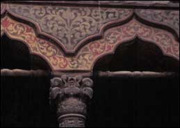 Detail of the facade of Stavropoleos Church. Erected in 1724 and restored by Ion Mincu, 1899-1904, in the Neo-Romanian style. Author's photograph, 1999.