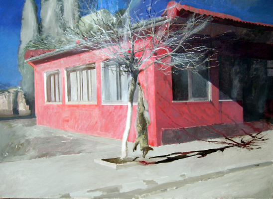 Edi Hila, 'Banlieue - la maison rouge' ('The Suburbs - the House in Red'), 2008, 84x114 cm, oil on canvas. Image courtesy of Galerie JGM.