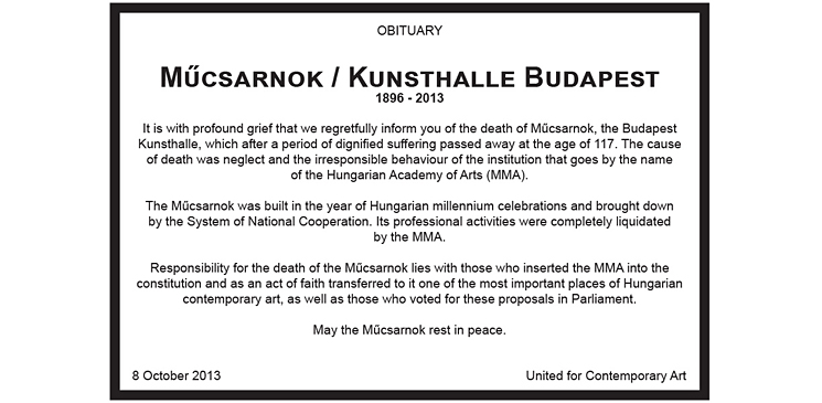 Obituary M?csarnok / Kunsthalle Budapest 1896 - 2013