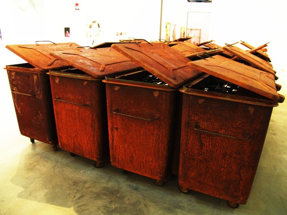 Alexander Brodsky, ‘20 trash bins’ (detail), 2008, installation, 20 rusted trash bins. Photo by Roman Suslov. (Courtesy of Moscow Biennale Art Foundation).
