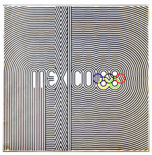 Mexico 68 written center, with the shapes of those letters and numbers radiating outward in alternating black and white lines.