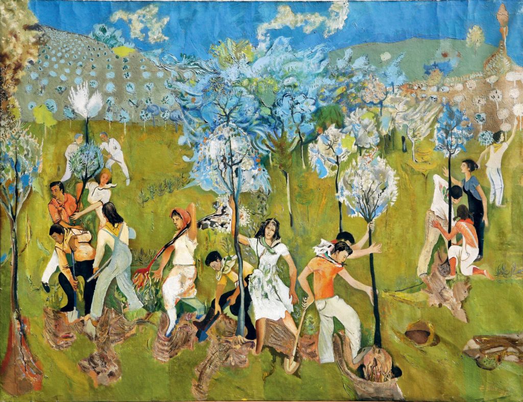 Painting of men and women in a field planting trees with blue leaves