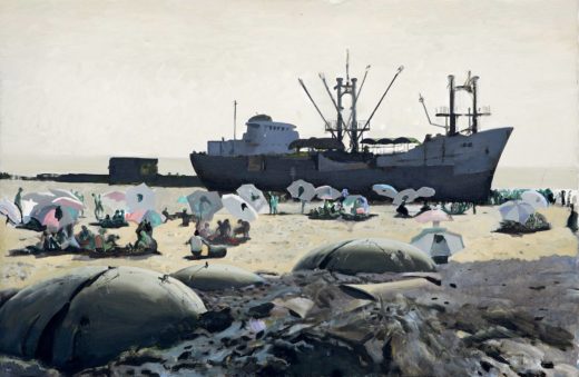 Painting of a ship in the background with a beach and figures in the foreground.