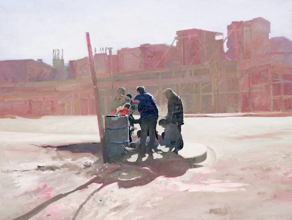 Painting of figures huddled around a garbage can in front of a pink skyline.. 