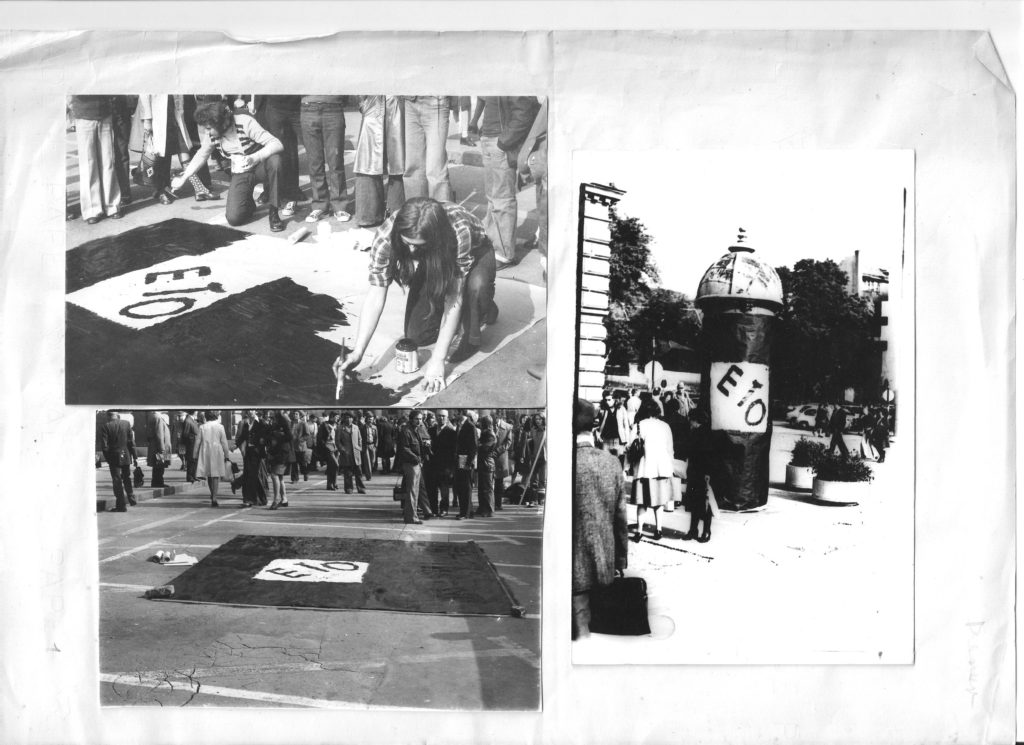 Three black and white photographs. One has a person painting ETO in a black square. Second has ETO in the black square on the ground. In the third, the ETO is wrapped around a pole.