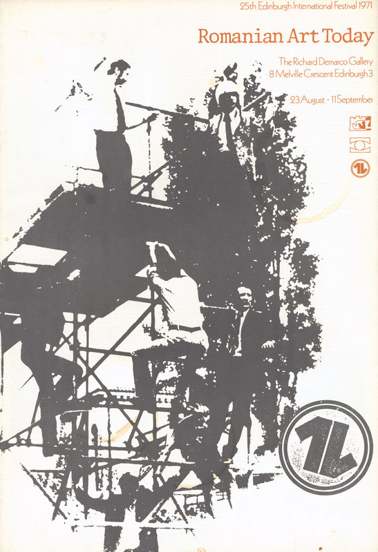 exhibition catalog cover with black and white photo in high contract showing men in shirts and tie climbing on a scaffolding and captions in red font in the upper right corner