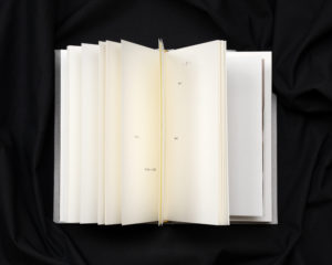 A book open with the pages visible. There are only a few workds spread out on each page. The words are not legible.