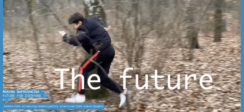 A man wearing a black jacket, black pants with a red stripe, and white sneakers running in the woods. The words 'The Future' are superimposed over the image.