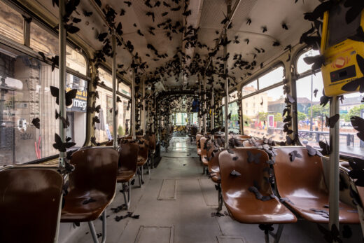 Interior of a tram with black moths placed on the seats, windows and the roof.