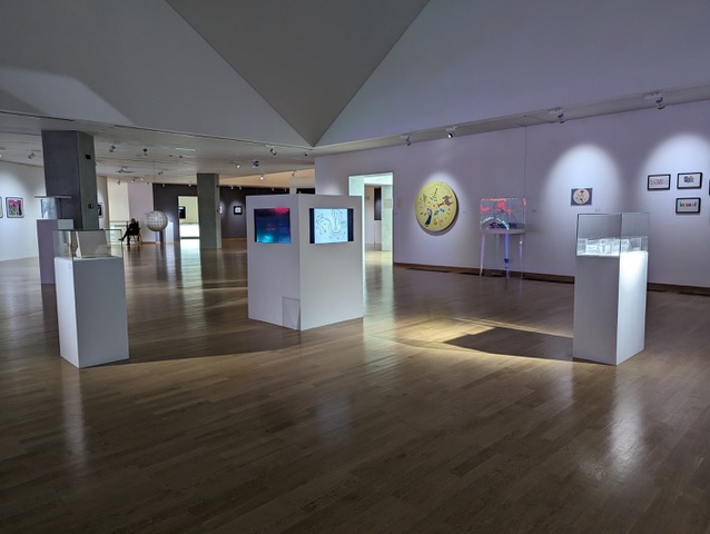 Exhibition view with a range of objects and images on the walls and display boxes on the ground.