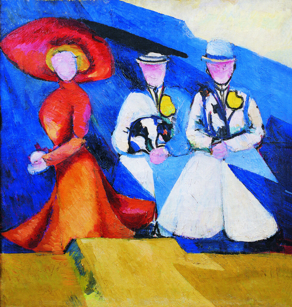 Painting of three female figures in front of a blue background